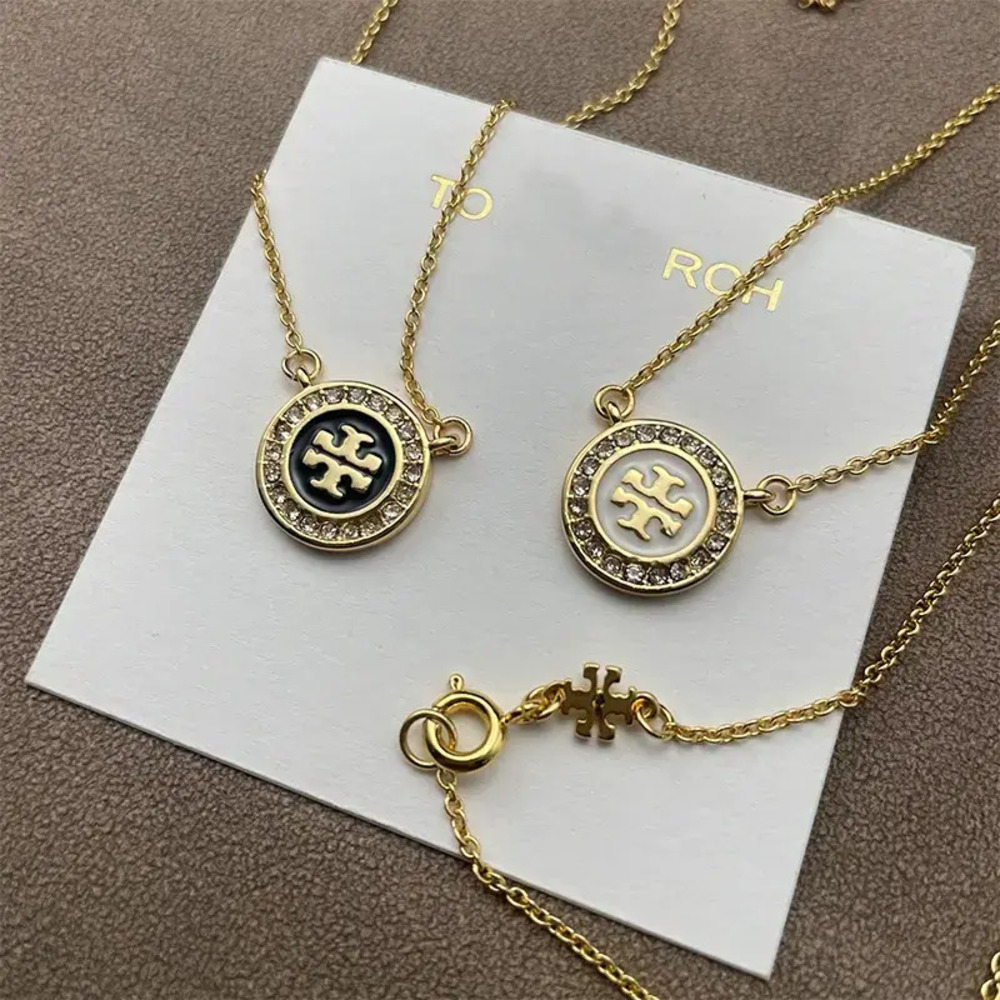 Tory Burch Gold Plated Double Enamel Pave Letter Pendant Necklace